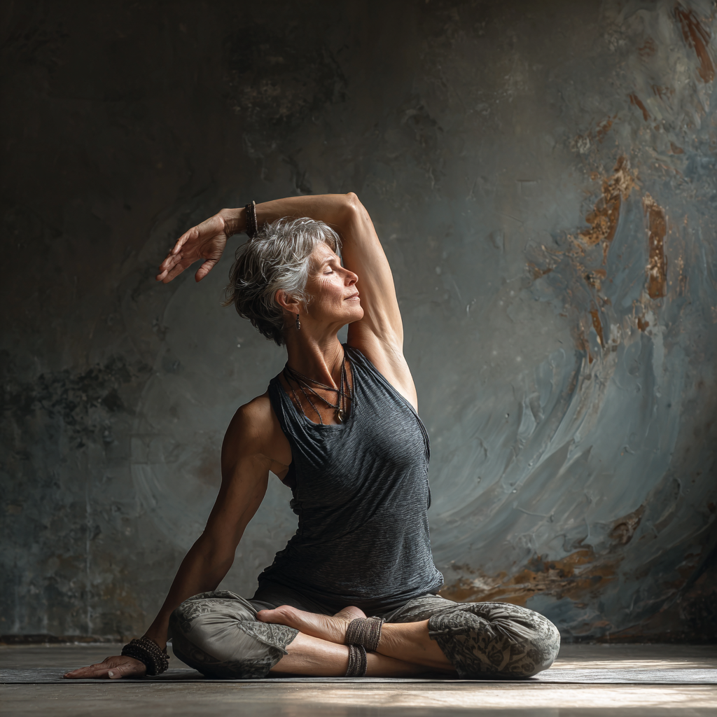 Experienced mature yoga instructor demonstrating gentle pose in natural studio environment