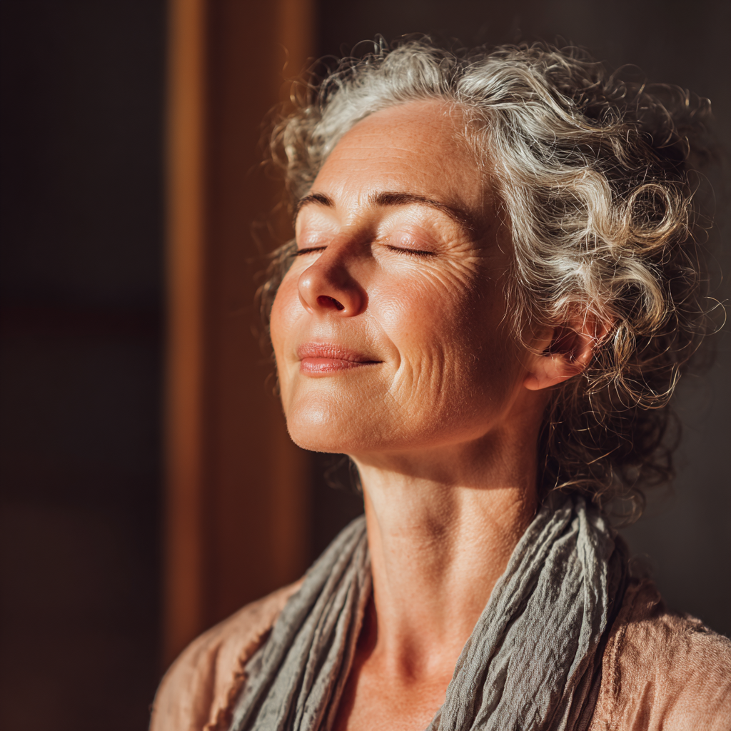 Peaceful middle-aged woman practicing mindful breathing in serene yoga studio